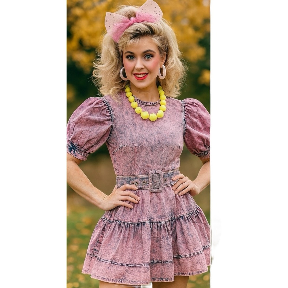 Tanya Taylor Dress WMNS 0 Pink‎ Alissa Mini Denim 80's Belted Retro Acid Wash